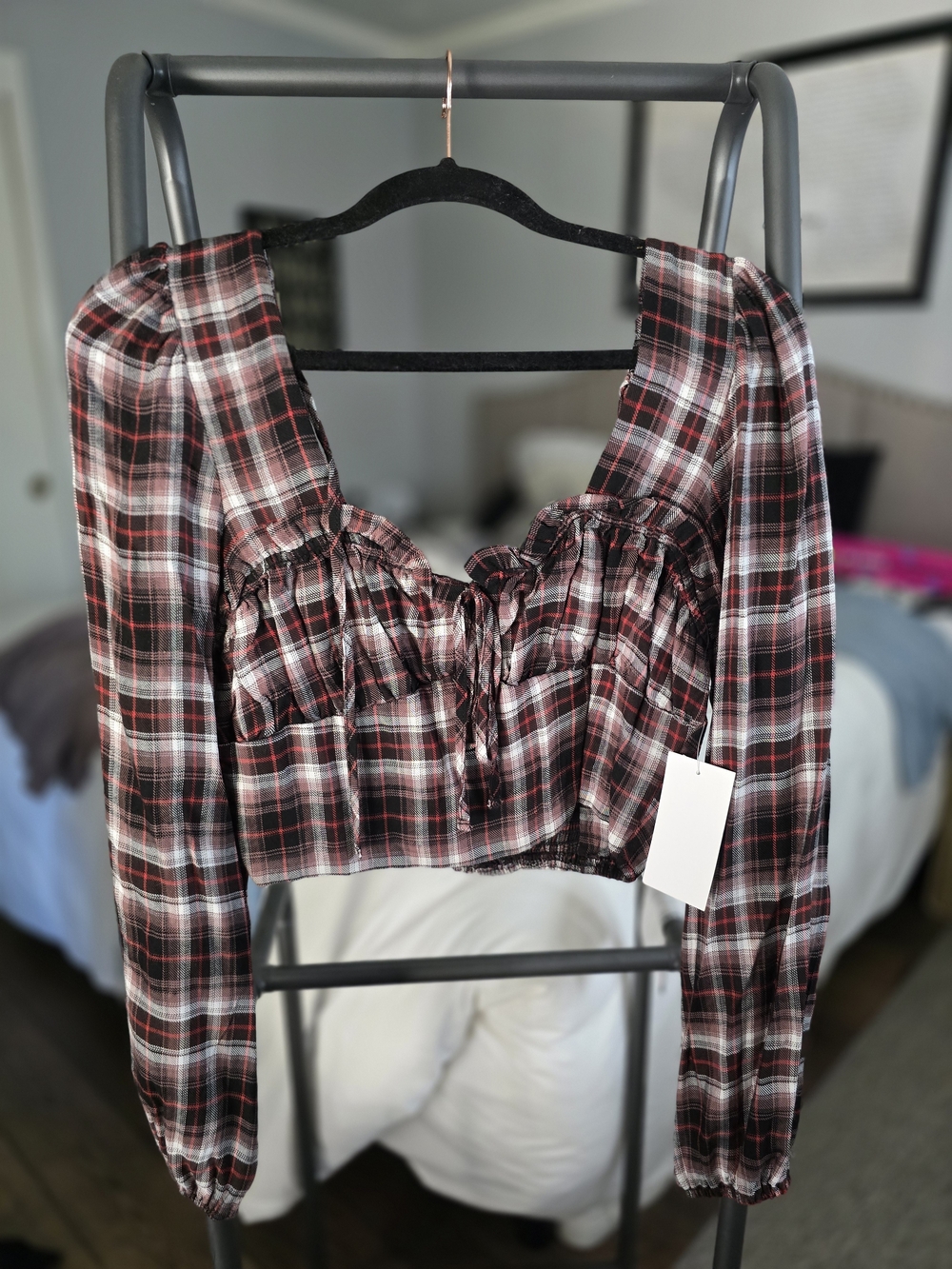 Plaid Long-Sleeve Crop Top - Red Plaid
